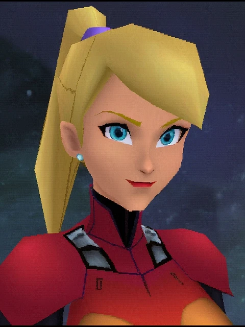 In a retro-inspired screenshot reminiscent of the iconic PlayStation 1 era, a pixelated portrait of Samus Aran comes to life, showcasing her striking pale skin and vibrant blue eyes that seem to pierce through the fuzzy low resolution. Her blonde hair is styled in a high, dynamic ponytail that adds to her fierce, action-ready demeanor. The image is distinctly marked by evident aliasing and a charmingly rough texture, with prominent color dithering creating a patchwork of rich, muted hues around her armored suit. As the viewer’s gaze travels over the jittery polygons that form her determined expression, one can almost hear the faint crackling of digital distortion, a nostalgic echo of a simpler gaming time. The backdrop is a hazy blend of deep blues and muted grays, suggesting an alien landscape, enhancing the sense of adventure that defines her character.