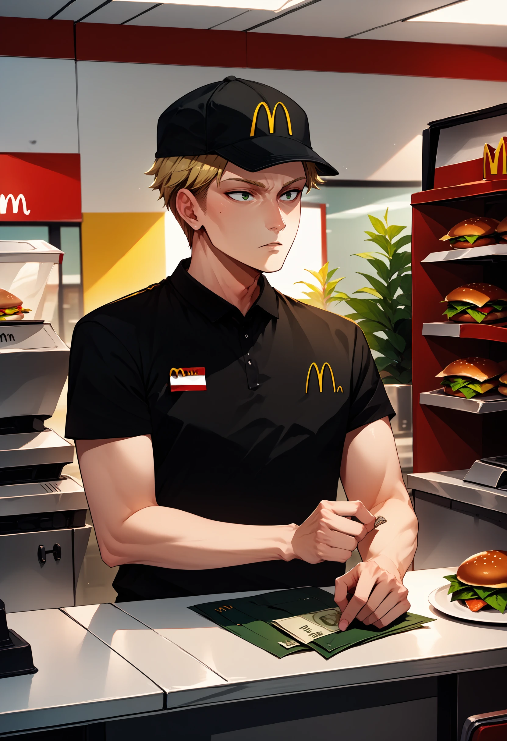 score_9, score_8_up, score_7_up, 1boy, loid forger, blonde hair, short hair, green eyes, <lora:LoidForgerTwilight_pdxl_Incrs_v1:1>, <lora:McDonaldsUniform_pdxl_Incrs_v1:1>, employee uniform, mcdonald's, black shirt, hat, on counter, money, cash register,