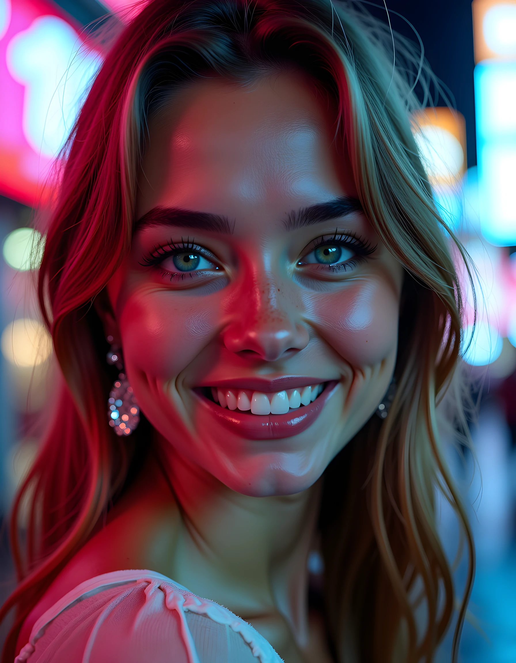 A high-definition close-up image captures C1ND1E, a striking woman with a mosaic of green and blue eyes, her radiant freckles scattered like constellations across her porcelain skin. Her teeth flash brightly in a warm smile, adorned by dazzling silver earrings shaped like miniature crescents. The background is a blurred, vibrant kaleidoscope of neon lights reflecting off the rain-slicked streets of Tokyo's Shibuya Crossing, casting an ethereal glow on her face. The camera angle is slightly elevated, creating a sense of intimacy as she locks eyes with the viewer from a dimly lit alleyway, her lips parted in anticipation, as if inviting us into a secret world only she can unlock.