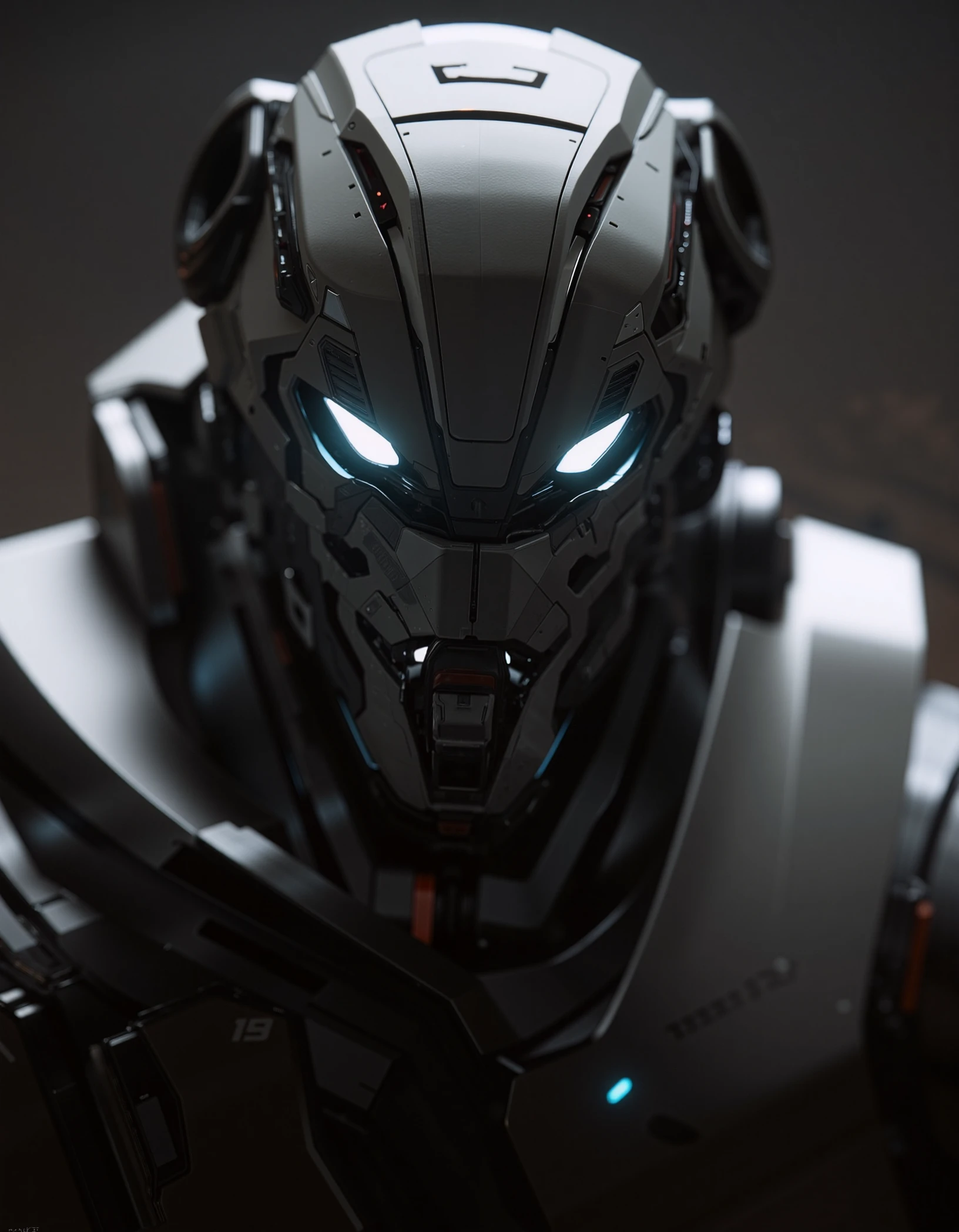 dramatic portrait of an evil military and industrial robot designed by drake interstellar, the focus is on it's evil-looking face with eyes that are angle slits of light and a frown-like expression.