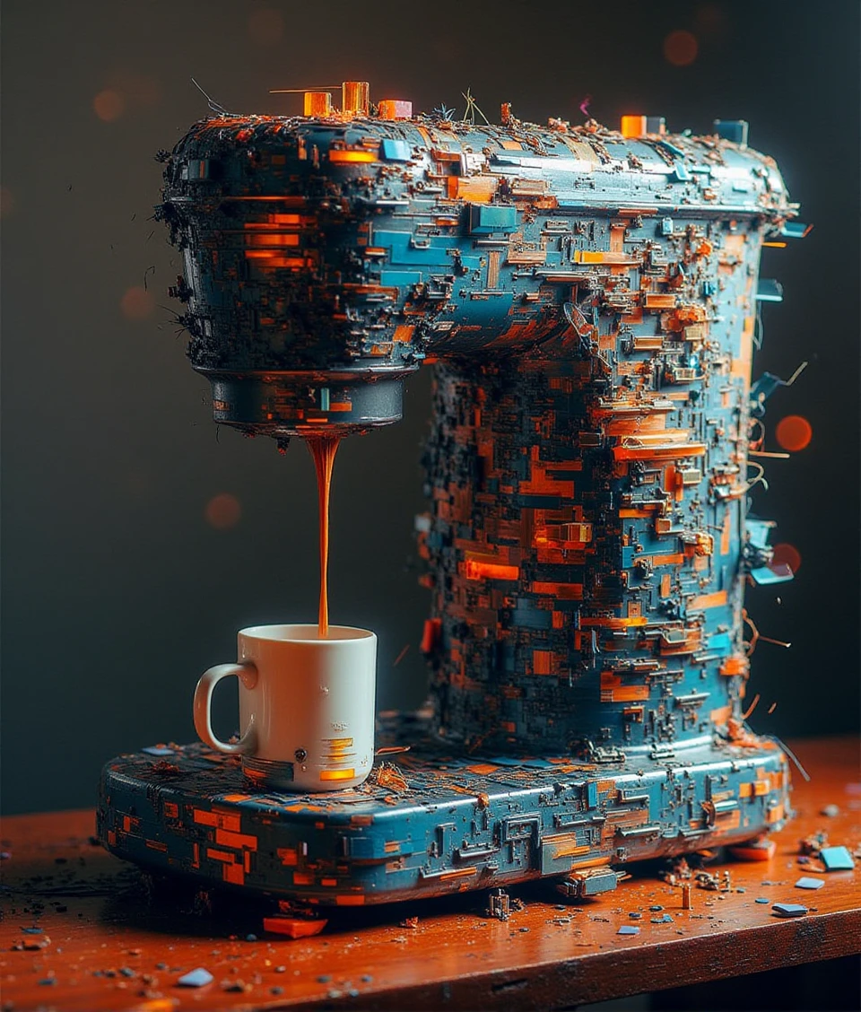 glitch-tech style,a coffee maker machine on the table with digital dissolve, 