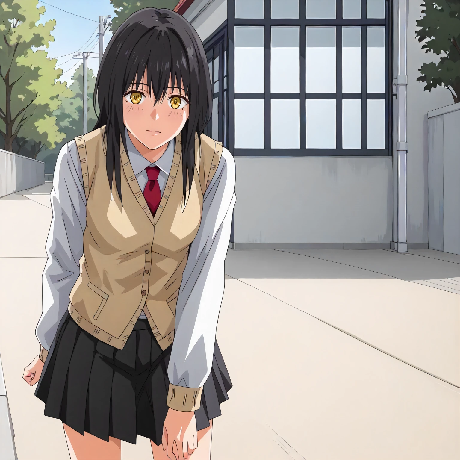 <lora:Sd_MiaSatoXLpony001>,
outdoors,
solo,
MiaSato,1girl,black hair,long hair,yellow eyes,
white shirt,long_sleeves,vest,red tie,
pleated_skirt,black skirt,
standing,leaning_forward,