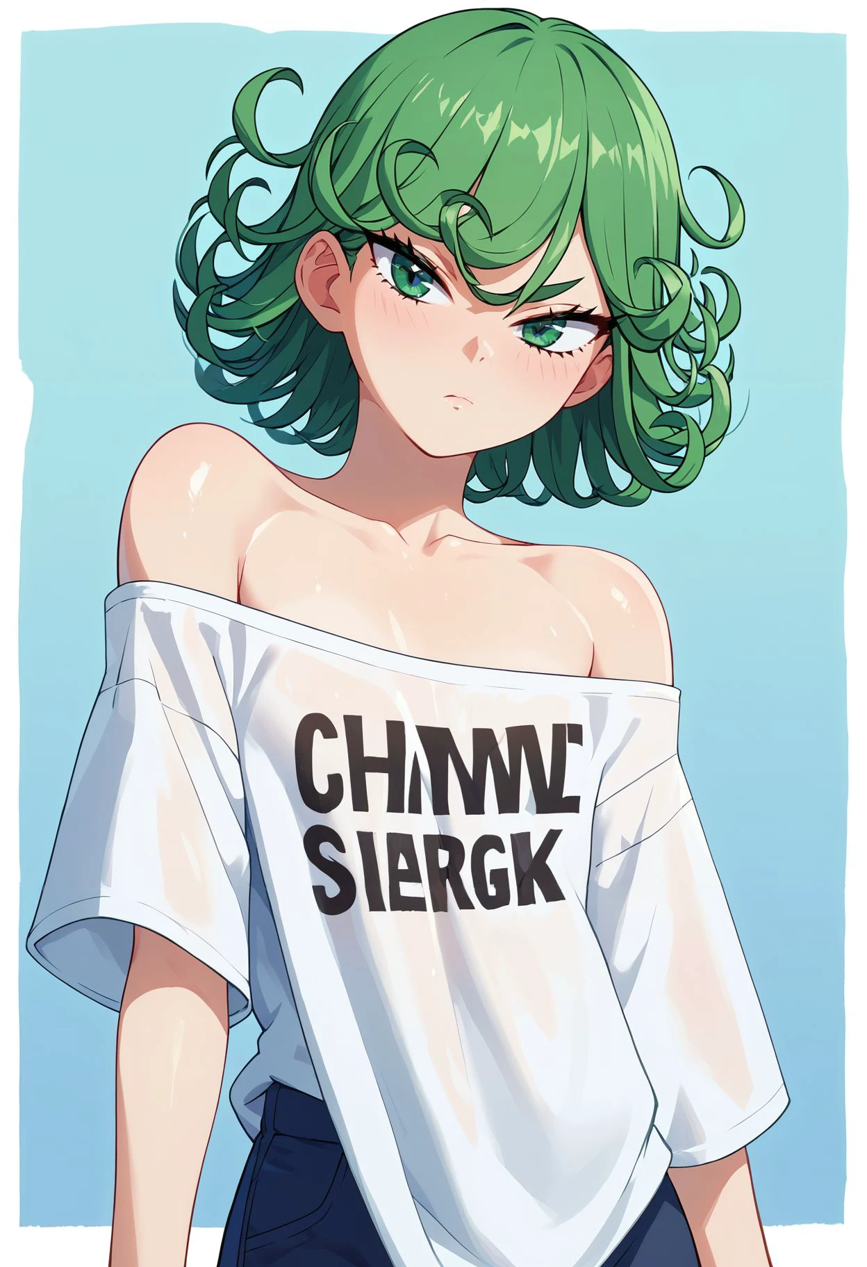 score_9,score_8_up,score_7_up, <lora:kajinman_style_pdxl_goofy:1>1girl, 1girls, tatsumaki, bare shoulder, bare shoulders, green eyes, green hair, oppai, oversized clothes, oversized shirt, pulling shirt, shirt, skinny, skinny girl, solo female, text on clothing