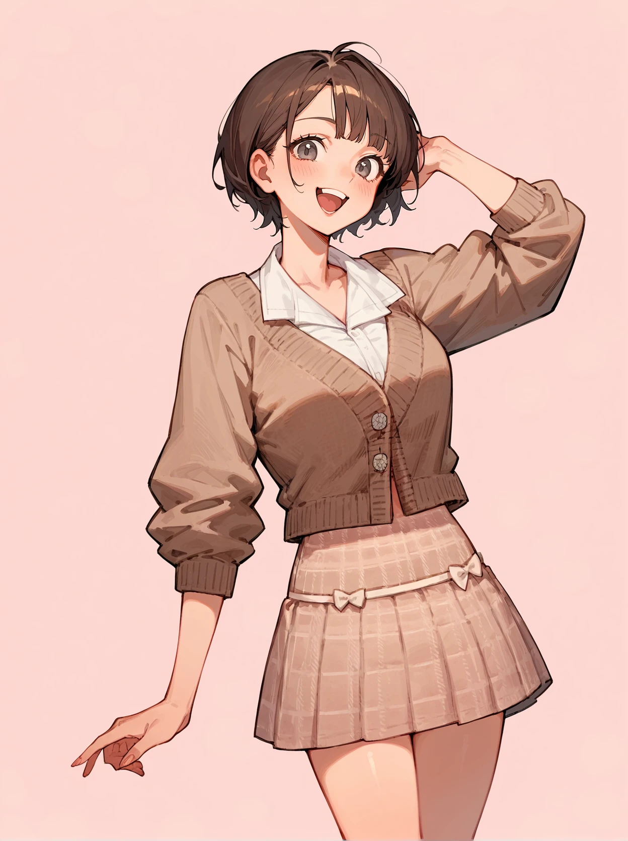score_8_up, score_7_up, score_6_up, source_anime, 1girl, solo, simple background, pink background,
standing, pose, contrapposto, arched back, cowboy shot
happy
collared shirt, beige cardigan, plaid skirt, bow <lora:Two_Piece_06:1>