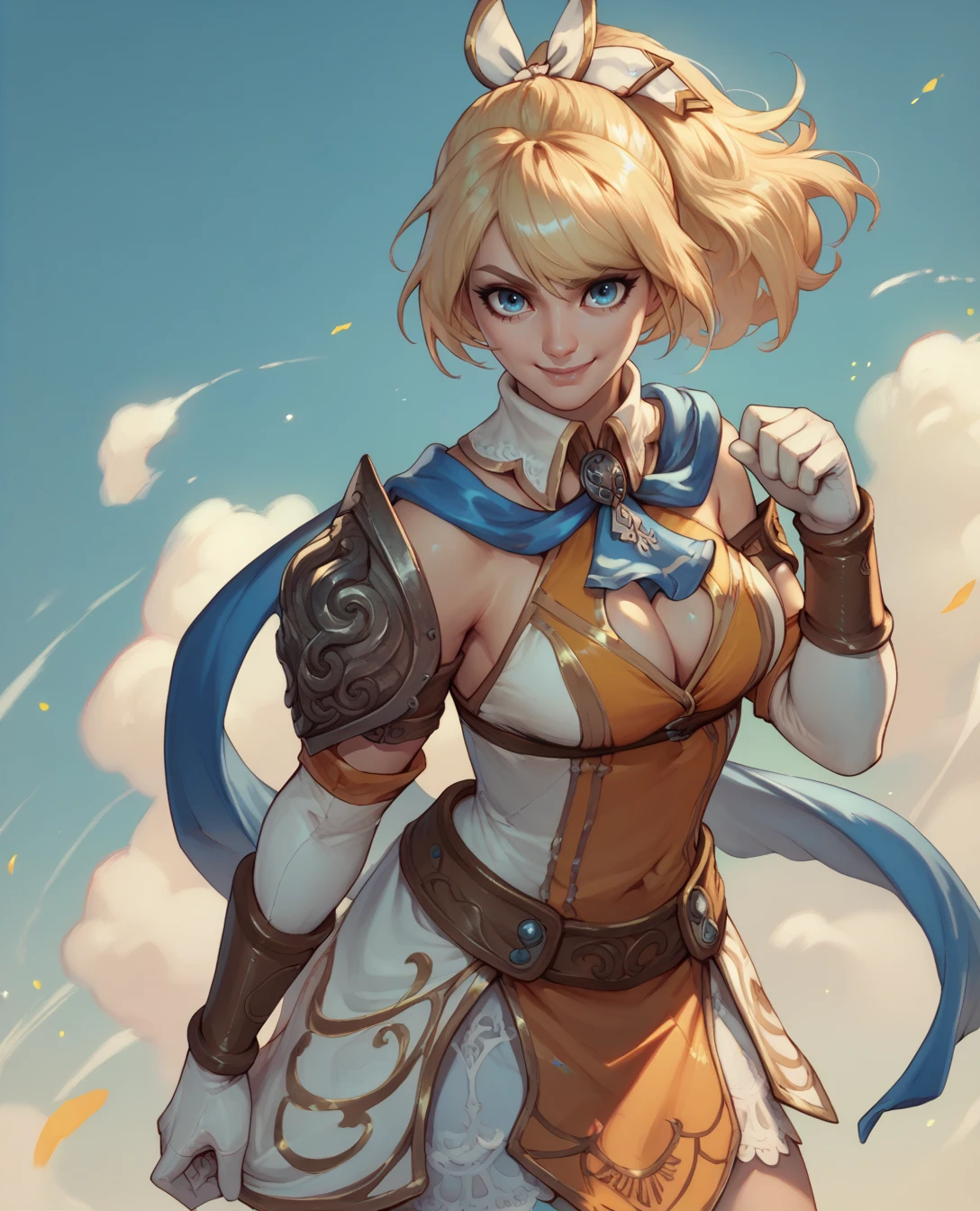 score_9,score_8_up,score_7_up,score_6_up,
cassandraxl,blonde hair,blue eyes,ponytail,
shoulder armor,blue scarf,white hair ribbon,orange and white dress,white elbow gloves,cleavage cutout,blue neckerchief,
solo,smile,standing,
looking at viewer,
<lora:CassandraXL:0.9>,