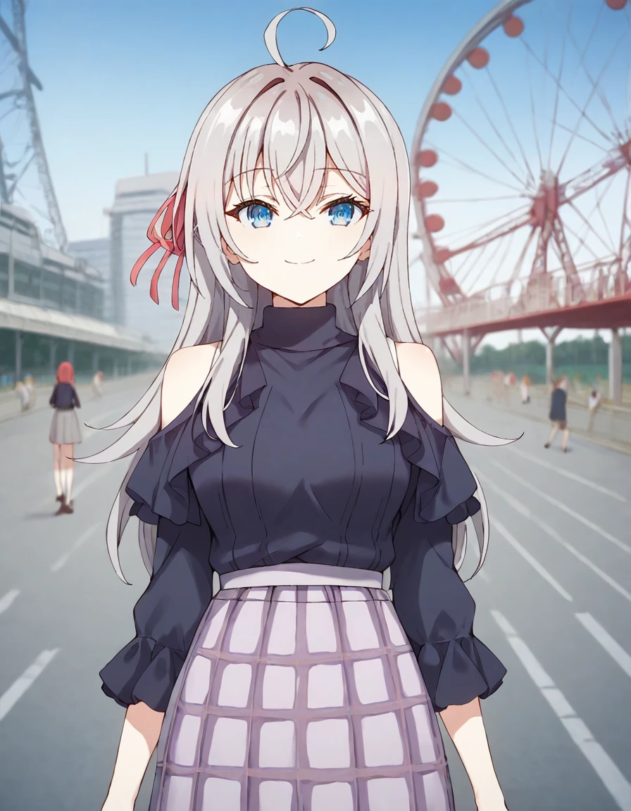 score_9, score_8_up, score_7_up, source_anime,
1girl, blurry background, looking at viewer, outdoors, bluesky, smile, funfair, amusement park, roller coaster, ferris wheel, crowd,
<lora:alisa_mikhailovna_kujou_anime_v5-soralz:1>, alisa mikhailovna kujou, long hair, silver hair, ahoge, crossed bangs, red hair ribbon, sidelocks, blue eyes,
visiting outfit, black mock neck sweater, ruffled sleeves, shoulder cutout, grey skirt, plaid skirt