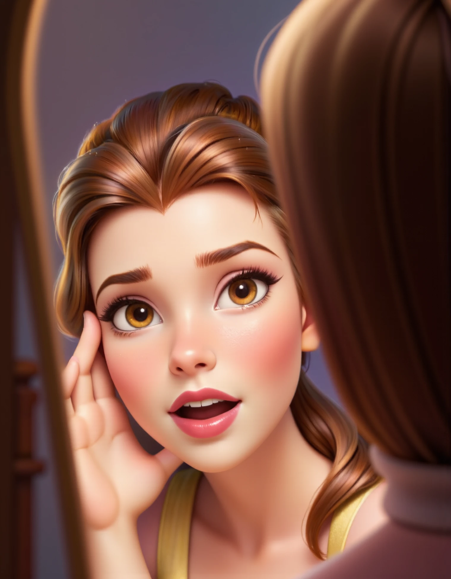 Belle, A close-up of Belle’s face reflected in a mirror, with the angle slightly off-center to capture both her reflection and the soft light surrounding her. The lighting creates a gentle glow, and her expression is thoughtful and introspective, adding depth to the image, disney style