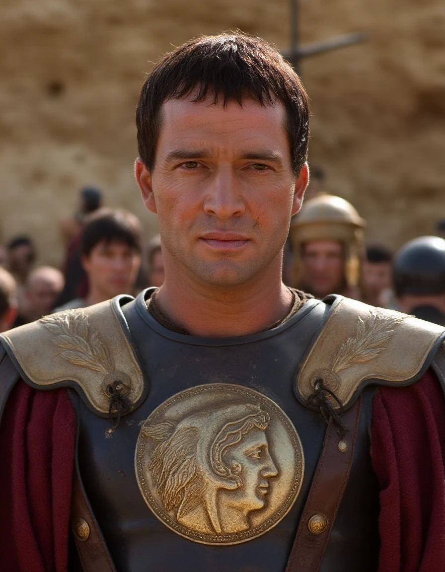 A upper body photography captures ,antonyrome. .He wears a very detailed high quality Roman military uniform. He looks directly at the viewer with a sly smile.
The shallow depth of field blurs the background, focusing attention on the Roman leader. <lora:Mark_Antony__James_Purefoy_-_Rome_Tv_Series:1>