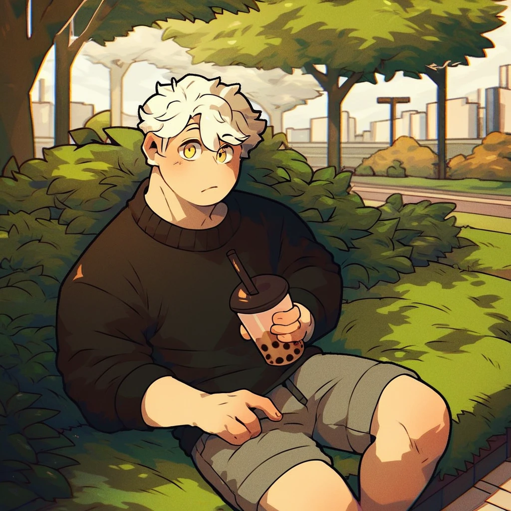 score_9_up, score_8_up, score_7_up, mikus-revereets, black body, white hair, yellow eyes, park, holding, bubble tea, black sweater, gray shorts, 1boy, solo