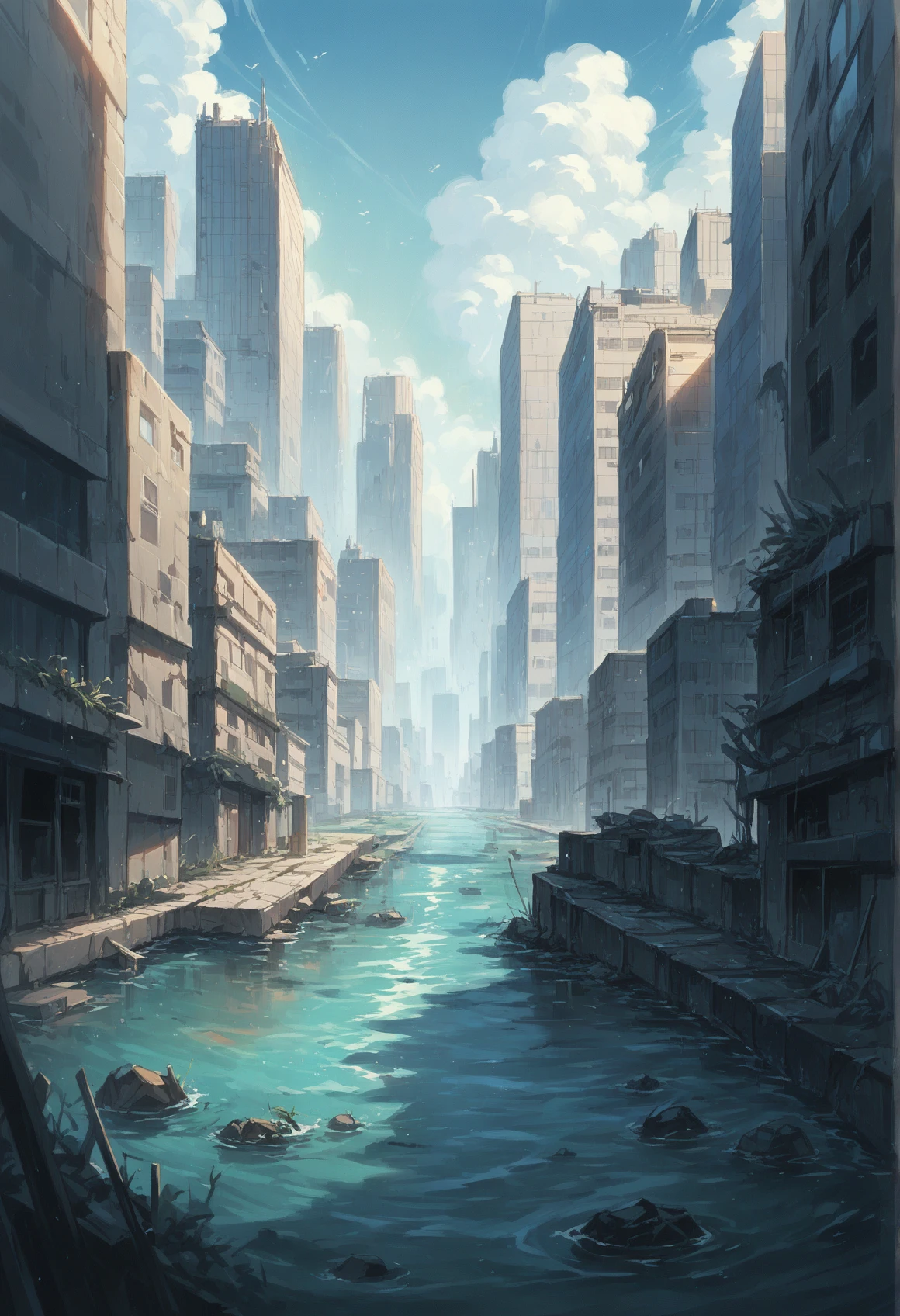 water, flooed city, destroyed, city, flood, no humans, post-apocalypse, partially submerged,  <lora:Tiamat:1>, score_9, score_8_up, score_7_up, score_6_up, score_5_up, score_4_up, BREAK source_anime, masterpiece