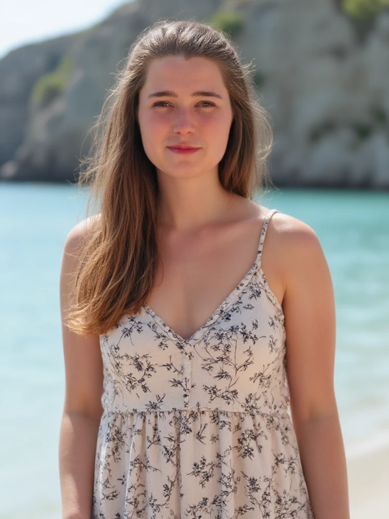 savvyroseof, photorealism, girl, portrait:1.3, front-view, intense-look, fingers, freckles:1.5, earring, off-the-shoulder-top, not-looking-at-viewer:1.3, sunlight, shadows, artistic, chest, outdoor, depth-of-field, pendant necklace, tattoo, skinpores, skin-texture, full body