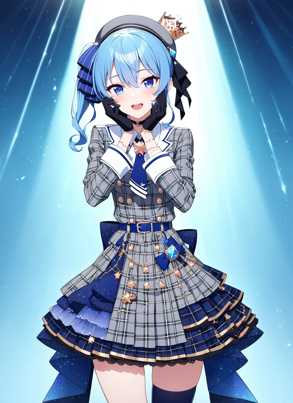 <lora:Hochimachi_fix_bg:1> hoshimachi_suisei,1girl, virtual youtuber, solo, blue hair, blue eyes, gloves, hat, asymmetrical legwear, thighhighs, standing, open mouth, crown, beret, side ponytail, black gloves, smile, socks, mismatched legwear, looking at viewer, hands on own face, plaid, kneehighs, hair between eyes, grey headwear, star (symbol), medium hair, 1st_costume  , On the idol concert stage , from back, cute , masterpiece, best quality, 1girl, solo, cinematic, soft lighting, shine skin , light skin , 8k, ,best quality ,masterpiece, illustration, an extremely delicate and beautiful, extremely detailed ,CG ,unity ,8k wallpaper, Amazing, finely detail, masterpiece,best quality,official art,extremely detailed CG unity 8k wallpaper,absurdres, incredibly absurdres, huge filesize , ultra-detailed, highres, extremely detailed,beautiful detailed girl, extremely detailed eyes and face, beautiful detailed eyes,light on face,1girl