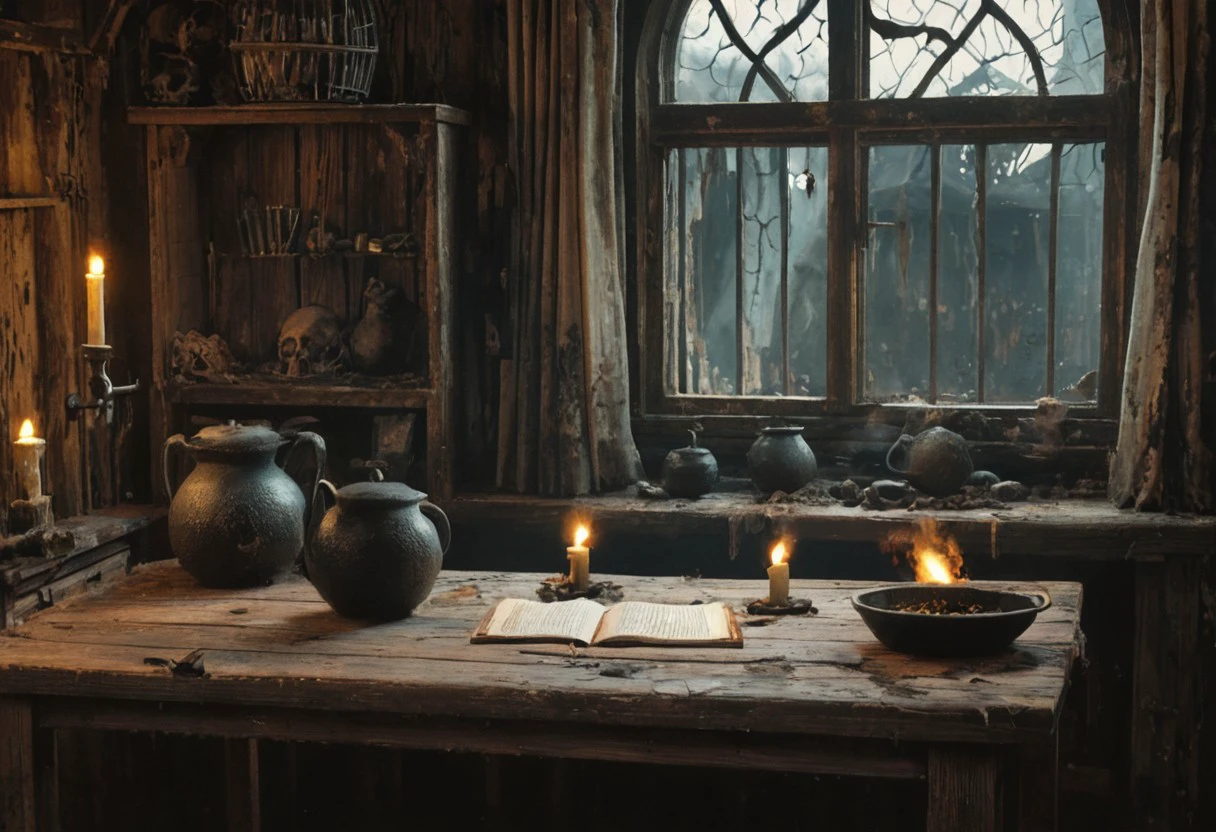 An old wooden table against a dirty widow with tattered curtains and cracked window pane, cobwebs in corner of window frame, a burning candle with wax dripping down its side in a dirty candle holder. an old weathered open spell book is on the table. A black cauldron on the table has a green bubbling liquid inside it, with floating eyeballs, and small rat skulls