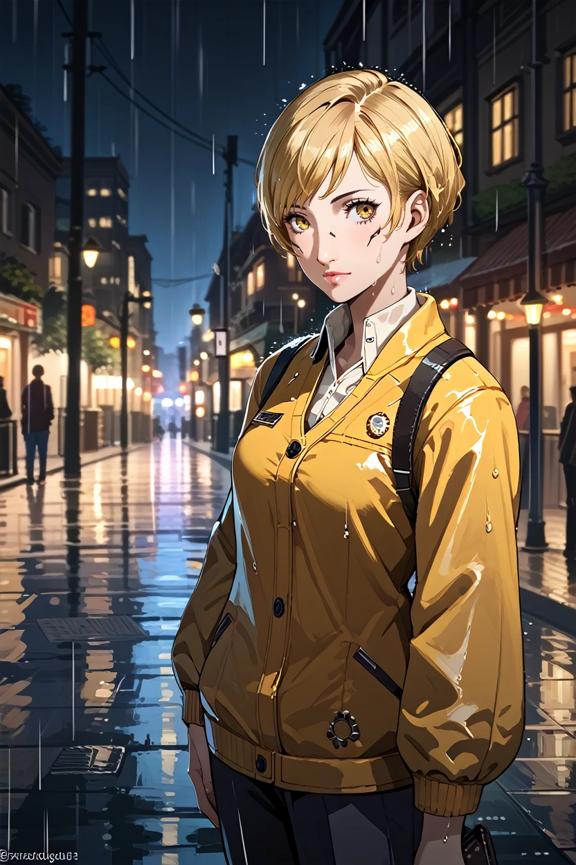 score_9, score_8_up, score_7_up, score_6_up
<lora:CyberSandraDorsett:0.8>
CyberSandraDorsett, 1girl, blonde hair, short hair, looking at viewer, standing under a streetlamp in the rain, reflections on wet pavement, city lights blurred in the background, cinematic and dramatic feel