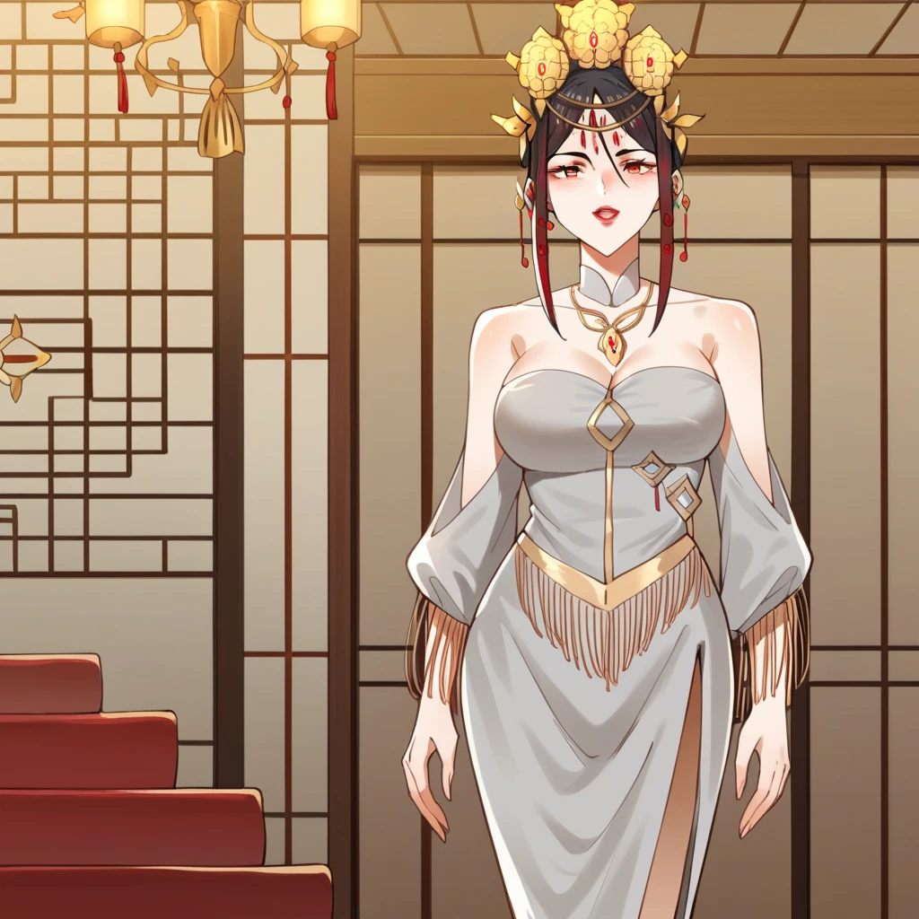 score_9_up, score_8_up, score_7_up, source_anime, 1girl, solo, Mulan, Jin_Wed, grand hall, Chinese interior, chandelier lantern, walking, looking at you, seductive smile, hand up, from side, open mouth, slight blush, red eyes, red lips, black hair, streaked hair, red hair, hair bun, tiara, alt hair ornament, red eyes, cleavage, wedding dress, strapless dress, alt dress, grey dress, jewelry, necklace, detached collar, detached sleeves, grey sleeves, long skirt, side slit,mature body, dynamic cowboy shot, indoors, Chinese architecture background