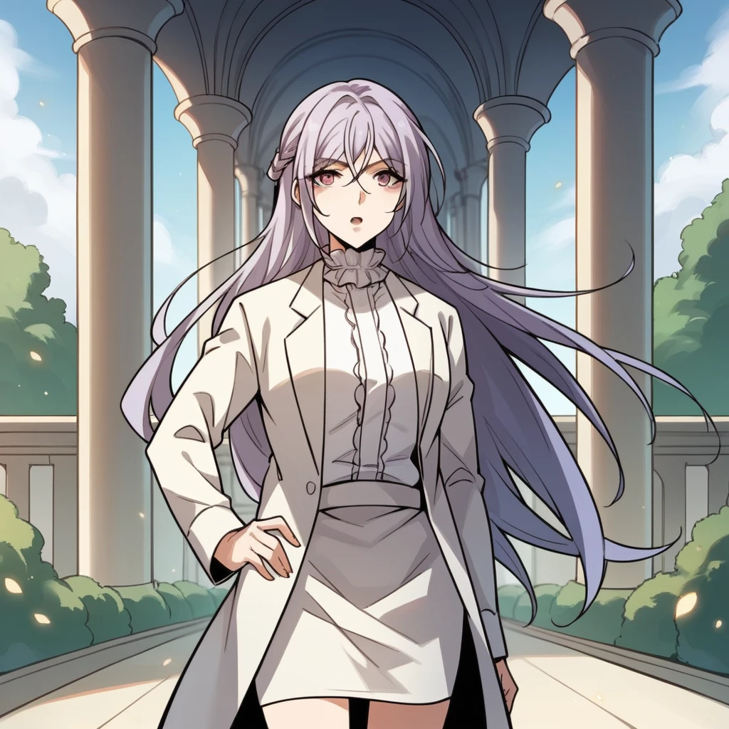 score_9_up, score_8_up, score_7_up, source_anime, 1girl, solo, Mu_Ningxue, sun light, pillars, standing, hand on hip, curious, open mouth, looking at you, light purple hair, long hair, purple eyes, white sleeves, long sleeves, collared shirt, frilled collar, frilled shirt, white shirt, white skirt, pencil skirt, coat, white coat,  mature body, dynamic cowboy shot, outdoors, garden background