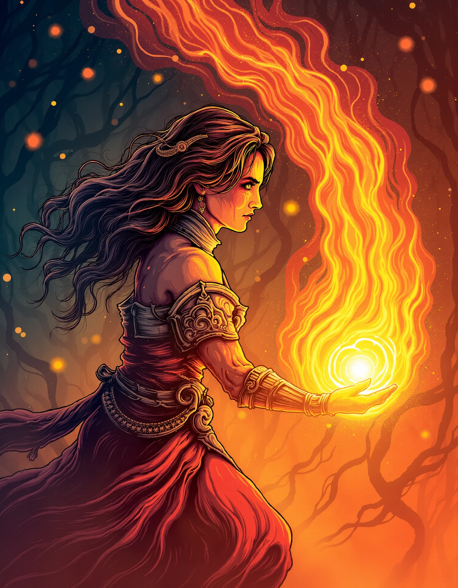 zavy-fltlnpnt, lineart, cel-shaded graphics, beautiful fire sorceress, detailed, masterpiece, Cinestill, extremely stylish, advanced cinematic perfect light, delicate, rich vivid colors, vibrant, enchanted, complex artistic color composition, exquisite color, contemporary fine detail, fine detail, glossy