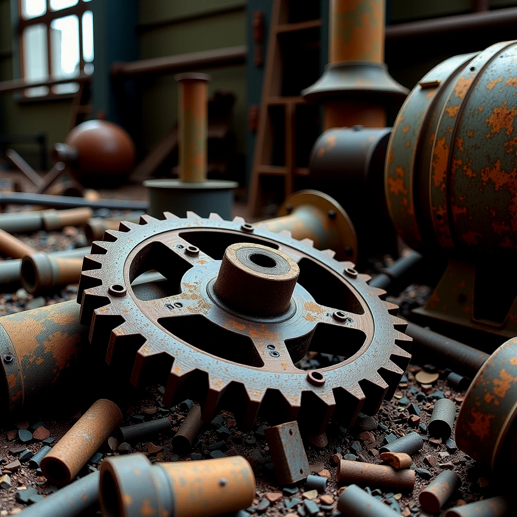 A rusting cogwheel lying amongst rusting metal remnants, in an abandoned factory, left to succumb to the elements. Abandoned, dilapidated.

urbndcyCE style