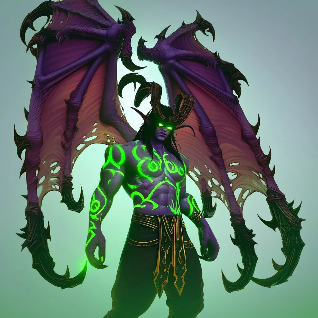 score_9, score_8_up, score_7_up, portrait, beautiful, dramatic lights. <lora:Warcraftupdate:1> Illidan Stormrage. IllidanStormrage. Illidan. Ilidanwc. Ilidanwarcraft. demon. demon boy. horns. hoofs. large horns. tattoos. glowing tattoos.  green tattoos. green glowing tattoos.