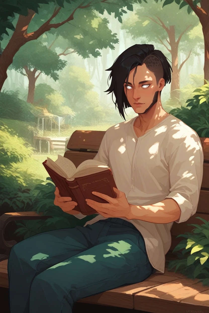 score_9, score_8_up, score_7_up, score_6_up
<lora:CyberSandayuOda:0.8>
CyberSandayuOda, 1boy, black hair, asymmetrical hair, white eyes, sitting on a bench in a tranquil park, wearing casual clothes, reading a book, dappled sunlight filtering through the trees, peaceful and relaxed vibe