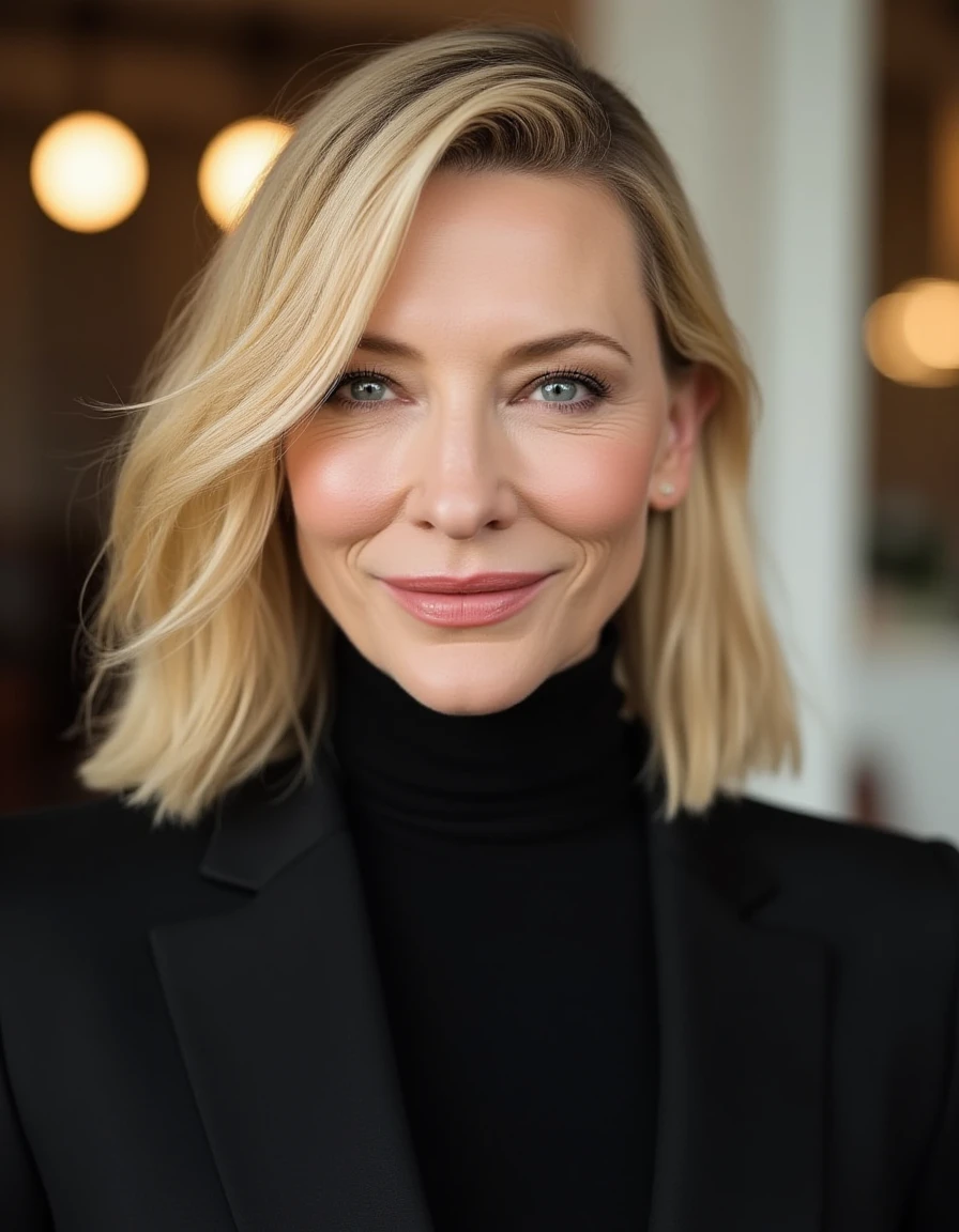 <lora:Cate_Blanchett_Flux_Current_Era:1> The image is a high-resolution photograph of a woman with a sophisticated and elegant aesthetic. She is a Caucasian woman with fair skin and shoulder-length, creating a mesmerizing, blonde hair styled in a sleek, geometric design., modern frame.  Her outfit is a high-fashion, which frame her face and fall slightly over her shoulders. She has a fair complexion and is smiling warmly, she is standing in a cafe