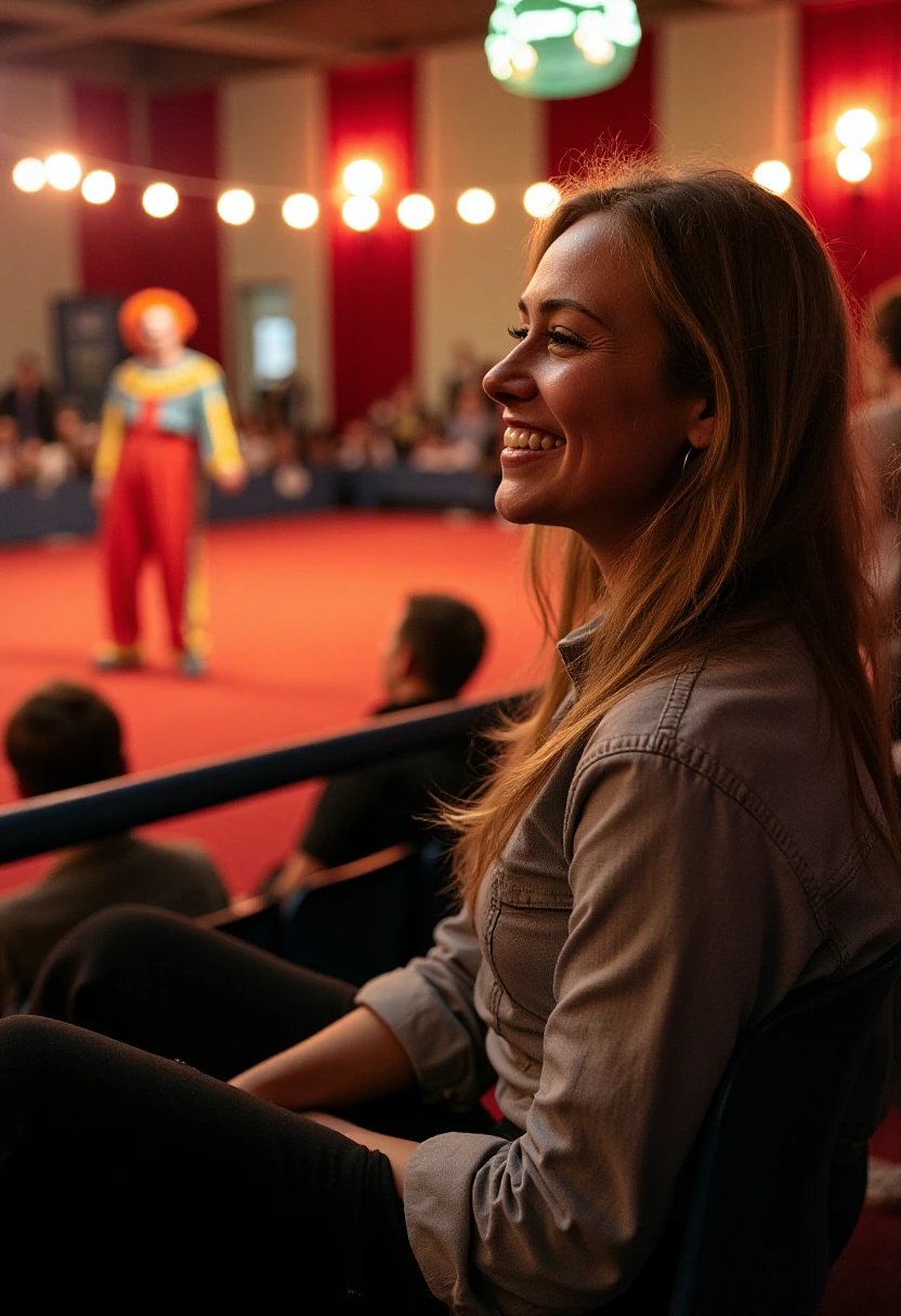 A medium wide shot of sinatkotsch, a woman. She has long blonde hair. She is laughing. She is a casual shirt and black jeans. She is sitting in a circus, watching a clown perform in the background.