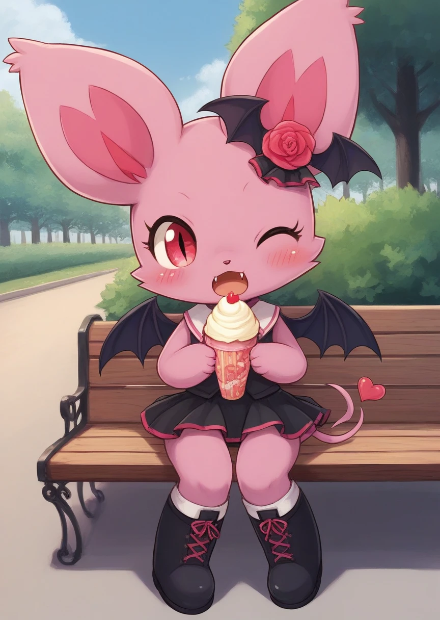 score_9, score_8_up, score_7_up, score_6_up, score_5_up, BREAK
Debi, anthro, female, solo, fangs, one eye closed, tail, 1girl, blush, bat wings, wings, boots, furry, no humans, open mouth, flower, heart, park, bench, sitting, holding icecream, pink fur, flower, hair ornament