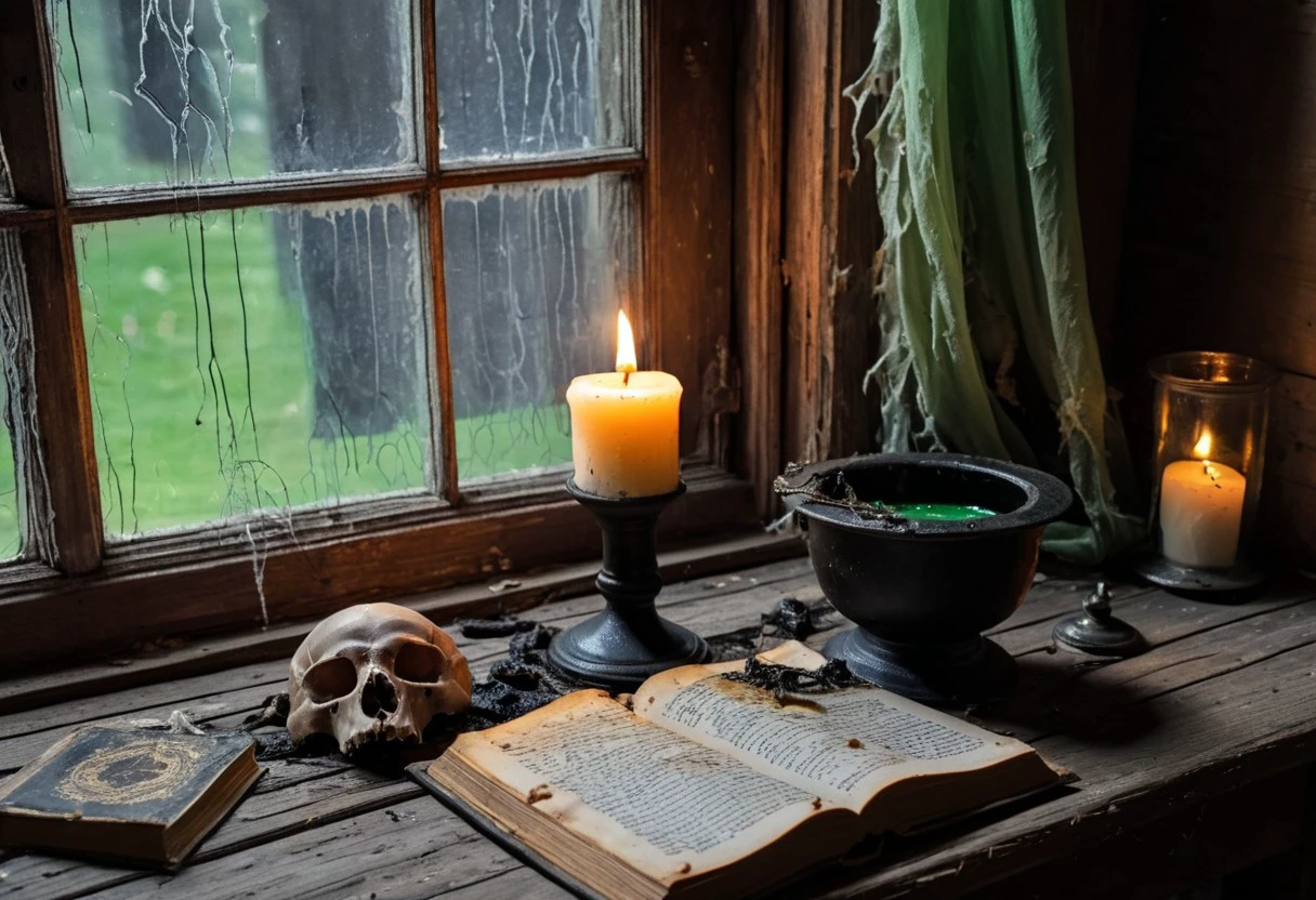 An old wooden table against a dirty widow with tattered curtains and cracked window pane, cobwebs in corner of window frame, a burning candle with wax dripping down its side in a dirty candle holder. an old weathered open spell book is on the table. A black cauldron on the table has a green bubbling liquid inside it, with floating eyeballs, and small rat skulls