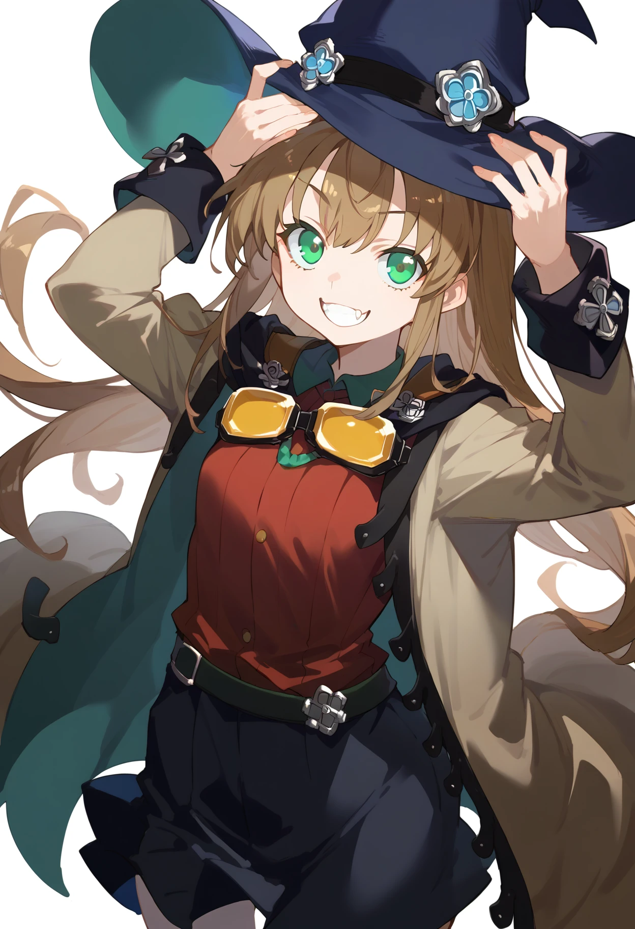 score_9, score_8_up, score_7_up, source anime, el mofus, 1girl, long hair, green eyes, brown hair, blue witch hat, red shirt, black pleated skirt, belt, goggles around neck, brown coat, hand on headwear, evil grin,