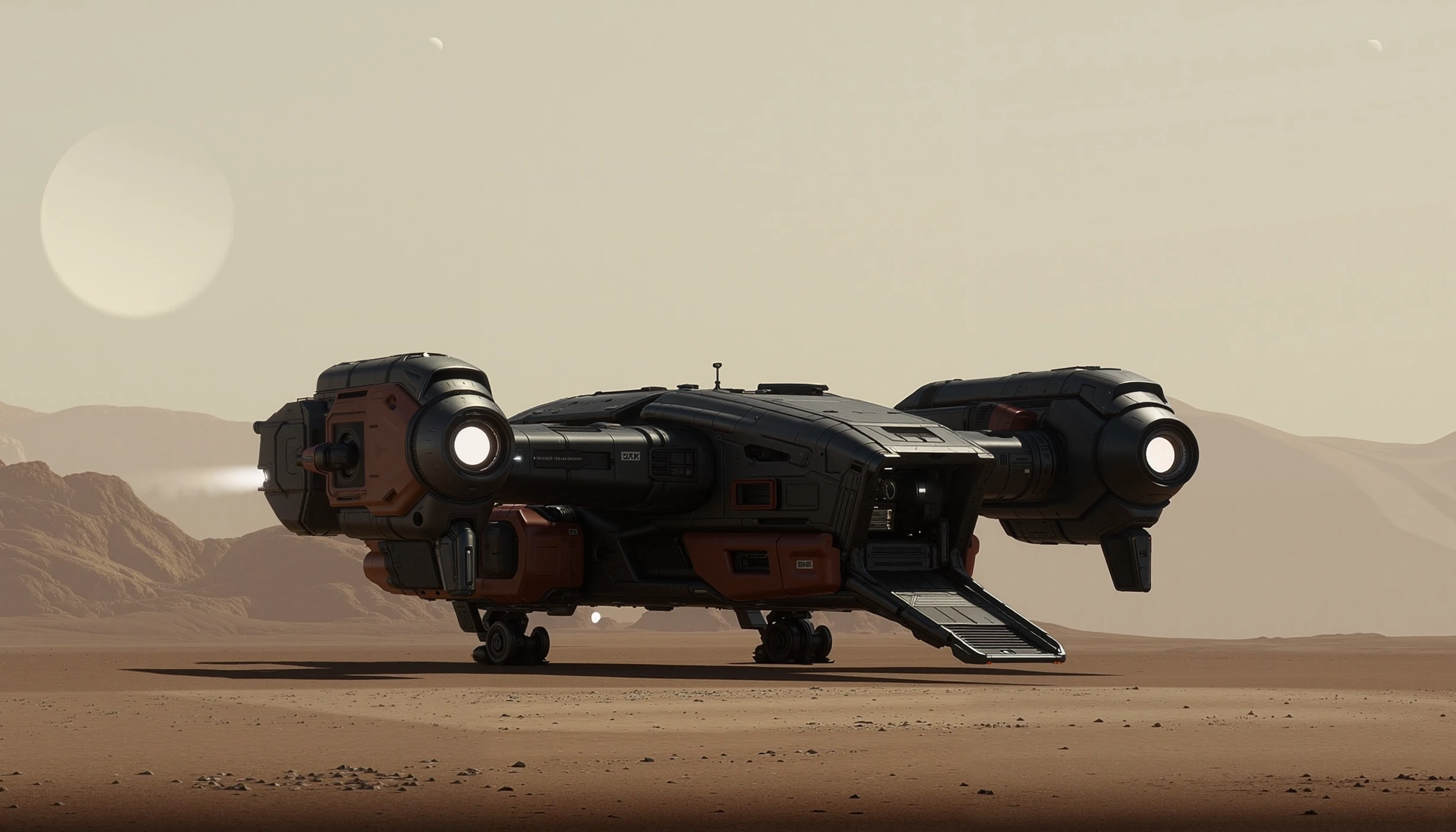 cinematic shot of a futuristic spaceship designed by drake interstellar, a fictional company known for its advanced spacecraft technology. the ship is stationed on a barren, rocky planet, with a hazy atmosphere and a distant moon visible in the background. the ships sleek, aerodynamic design features a large, central body with two large wings extending outward, each equipped with powerful engines. the front of the ship has a prominent cockpit with large windows, and the rear has a cargo bay with a ramp down to the ground. the ships exterior is primarily black with red accents, giving it a high-tech and imposing appearance. the overall scene suggests a blend of science fiction and space exploration, with the ship ready for a mission to explore or colonize this distant world.