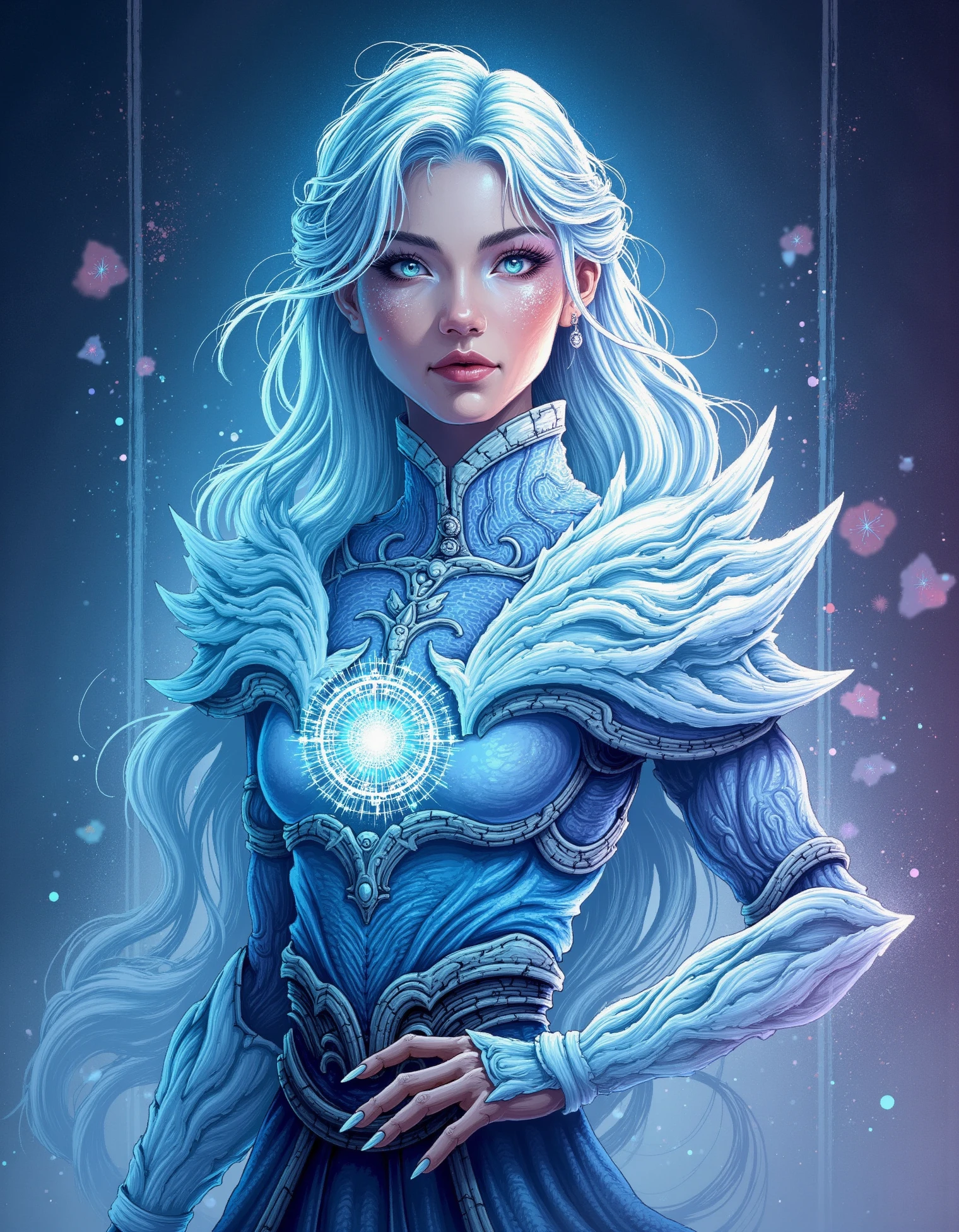 zavy-fltlnpnt, lineart, cel-shaded graphics, beautiful ice sorceress, detailed, masterpiece, Cinestill, extremely stylish, advanced cinematic perfect light, delicate, rich vivid colors, vibrant, enchanted, complex artistic color composition, exquisite color, contemporary fine detail, fine detail, glossy