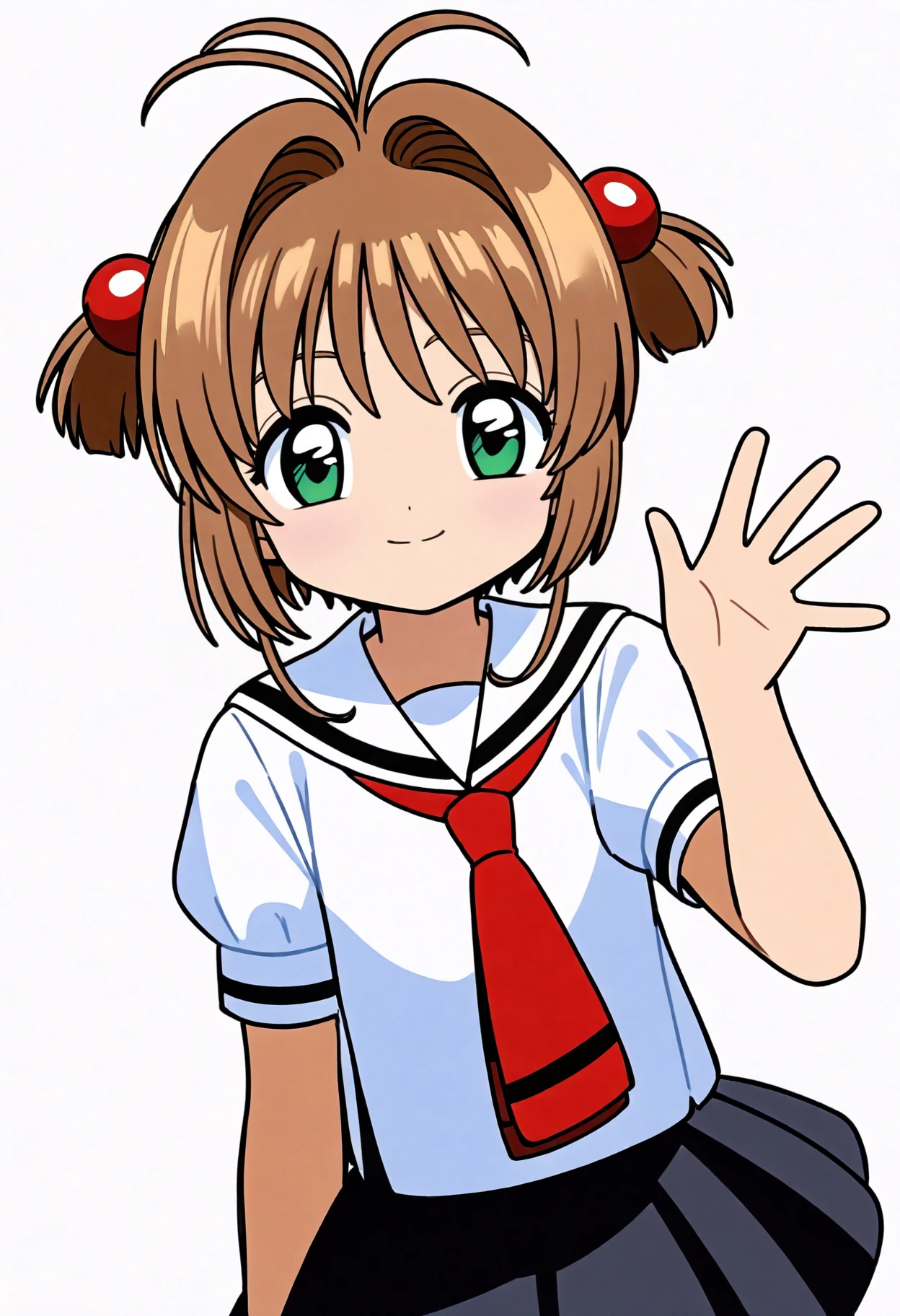 best quality, amazing quality, very aesthetic, absurdres,
1girl, kinomoto sakura, antenna hair, brown hair, short hair, twintails, green eyes,  hair bobbles,
white shirt, short sleeves, red neckerchief, sailor collar, school uniform, black skirt,
waving, smile, standing, looking at viewer, solo, (simple background, white background:1.3)   <lora:SakuraCardCaptorIllustriousXL_byKonan:1>