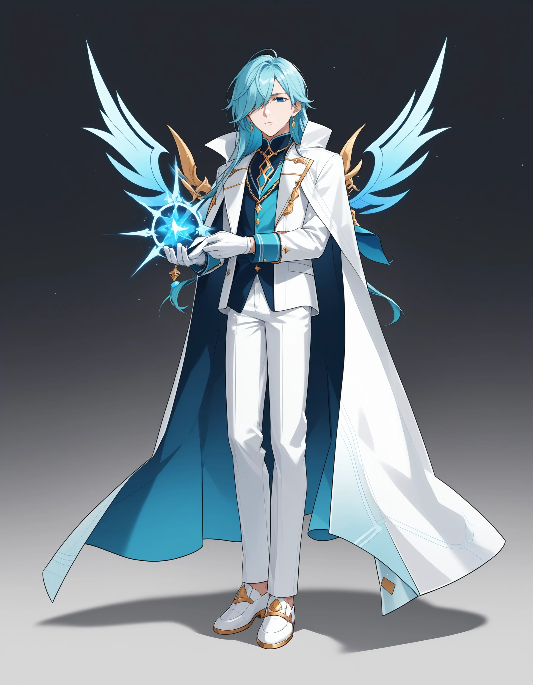 (masterpiece), best quality, expressive eyes, perfect face, ain, solo, long hair, looking at viewer, blue eyes,shirt, gloves, long sleeves, 1boy, holding, jewelry, blue hair, standing, full body, male focus, earrings, shoes, pants, white gloves, cape, hair over one eye, aqua hair, white footwear,  white pants, white coat, light blue hair, white cape, <lora:2a329c38-ef33-4eef-a68e-2bb001c5694e:0.7>