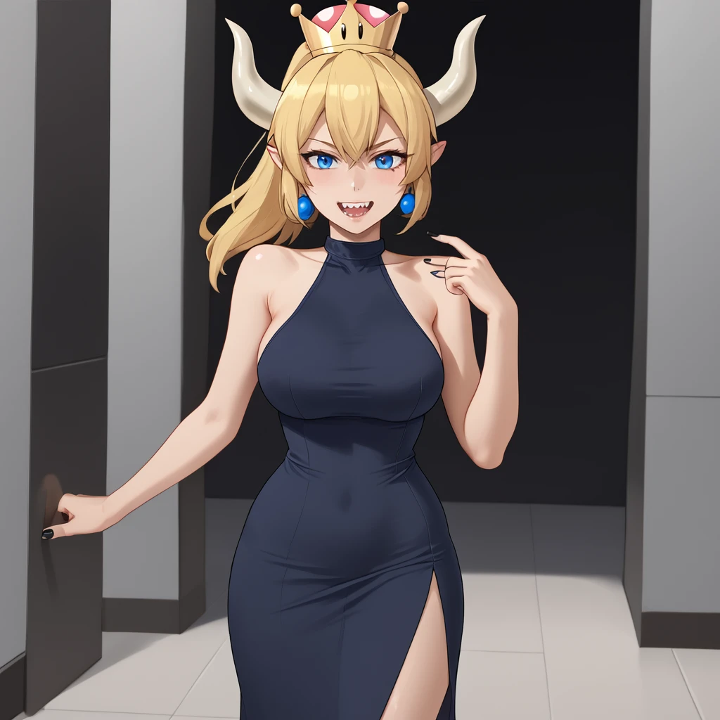 <lora:bowsette_pony_v1:.8>Bowsette, 1girl, solo, blue eyes, horns, jewelry, spikes, ponytail, earrings, super crown, blonde hair, large breasts, spiked collar, pointy ears, spiked bracelet, sharp teeth,  sharp fingernails, nail polish, black nails, cowboy shot <lora:0932 Home wear 9_v1_pony:1> ruanyi0932,blue dress,halter dress,sleeveless,cowboy shot,taut dress,skin tight,long dress