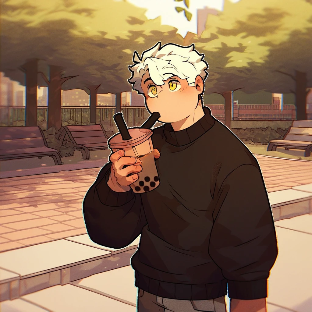 score_9_up, score_8_up, score_7_up, mikus-revereets, black body, white hair, yellow eyes, park, holding, bubble tea, black sweater, gray shorts, 1boy, solo