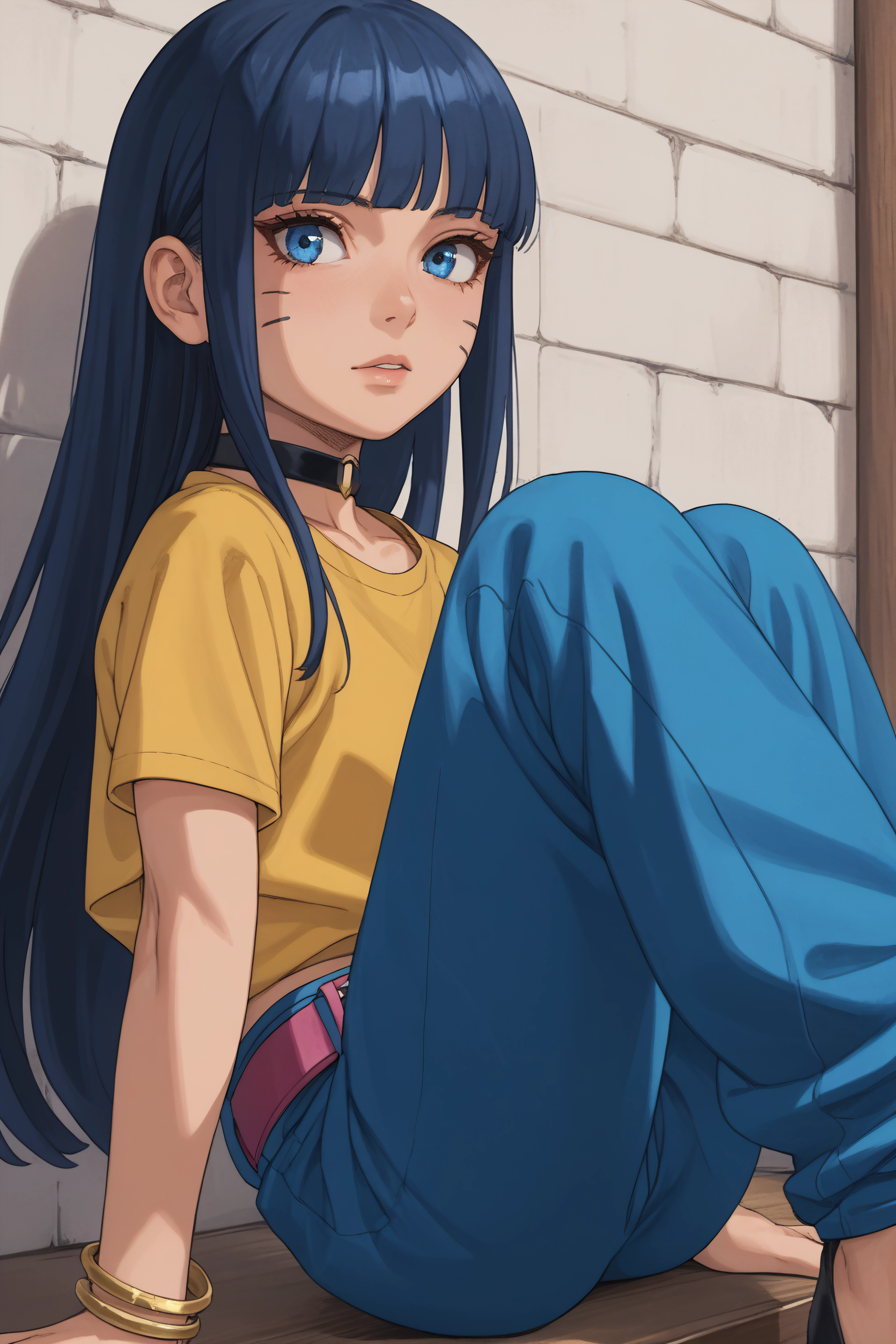 score_9, score_8_up, score_7_up, BREAK source_anime, <lora:Himawari Uzumaki-PonyXL-lora-Faxtron:1> himawari uzumaki, blue eyes, bangs, long hair, facial mark, black choker, yellow shirt, short sleeves, navel, baggy blue pants, belt, bracelet,