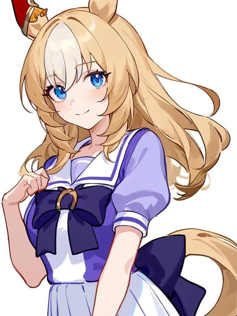 <lora:Durandal_kxl:1>,1girl, blonde hair, blue eyes, blunt bangs, closed mouth, commentary request, durandal (umamusume), hair ornament, horse ears, horse girl, horse tail, long hair, puffy short sleeves, purple ribbon, purple shirt, sailor collar, simple background, smile, solo, standing, tracen school uniform, white background, white skirt,masterpiece,newest,absurdres,sensitive,iloranko,migolu,ask \(askzy\),maccha \(mochancc\),