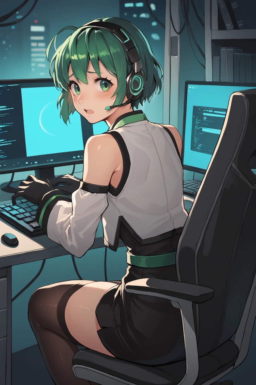 (score_9, score_8_up, score_7_up), source anime,  <lora:Lin:0.7> , lindef, 1girl, solo, green hair, short hair, green eyes, hairband, headset, antennae, radio antenna, blue ascot, bare shoulders, vest, white vest, white shirt, shirt, collared shirt, sleeveless shirt, green trim, gloves, black gloves,  skirt, black skirt, pencil skirt, detached sleeves, white sleeves, thighhighs, black thighhighs, ((shy)), ((blush)), open mouth, looking back,  <lora:Juaag StylePonyXL:0.5>, BREAK
indoor, office, cyberpunk, <lora:c0mpXLP:0.6> , c0mp, sitting, indoors, chair, computer, monitor, headphones, desk, (from front), keyboard (computer),