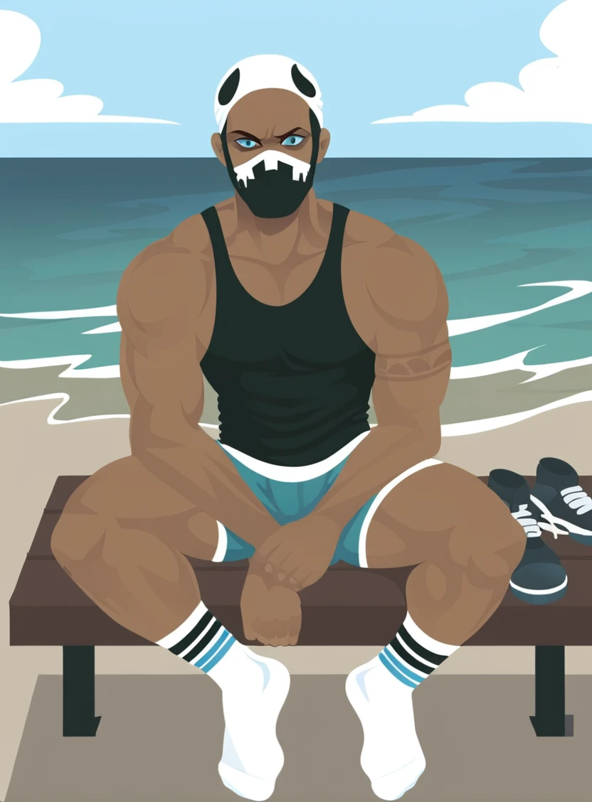 p-a-p, solo, 1boy, muscular male, team_skull_grunt_male, mask, black mask, blue eyes, mask bandana, covered mouth, mouth mask,  tank top, sitting on bench, white socks, unworn shoes, detailed background, ocean, beach, flat color
, <lora:p-a-p_style-000019:1>, <lora:Team_Skull_Grunt_Male:1>, score_9, score_8_up,