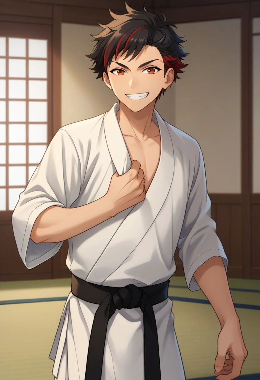 score_9, score_8_up, score_7_up, source_anime, highly detailed, 
nagumo, 1boy, male focus, solo, black hair, red hair, multicolored hair, streaked hair, red eyes, karate uniform, belt, black belt, martial artist belt, dougi, smile, grin,
indoor,