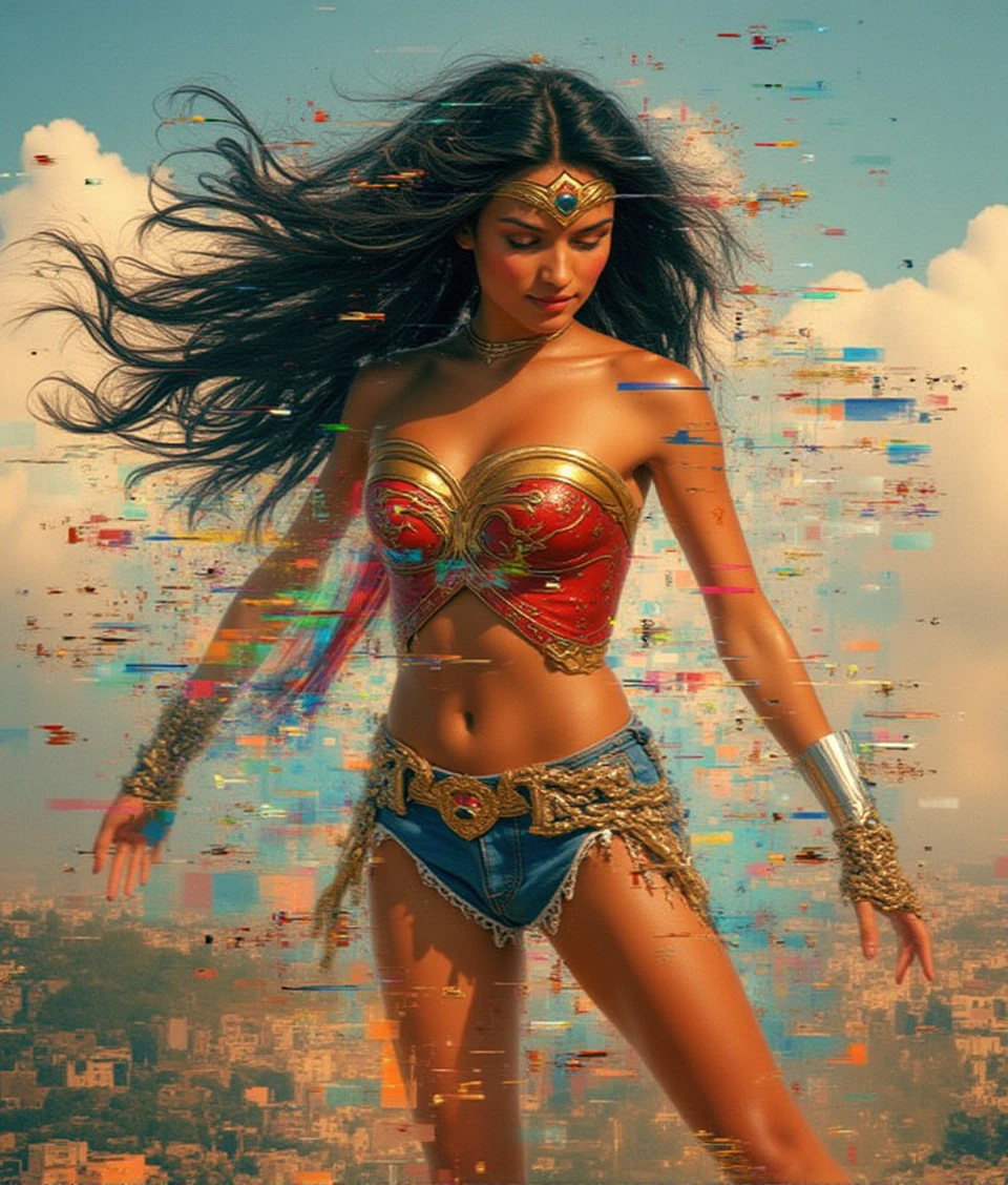 glitch-tech style,the wonder woman of DC,jumping and floating