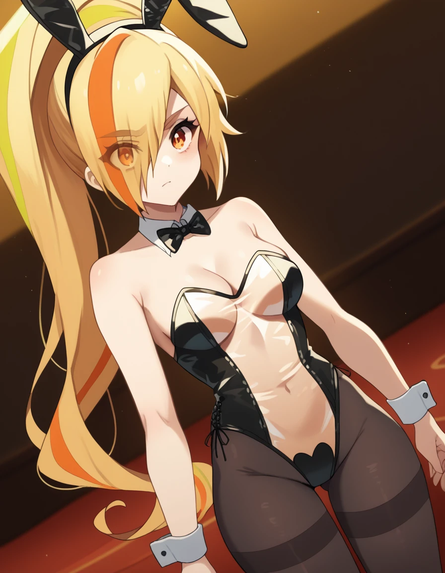 score_9, score_8_up, score_7_up, source_anime, <lora:saki-nikaidou-s2-ponyxl-lora-nochekaiser:1>, saki nikaidou, blonde hair, eyes visible through hair, hair over one eye, light green hair, long hair, multicolored hair, orange eyes, orange hair, ponytail, streaked hair, medium breasts,, <lora:translucent-bunnysuit-ponyxl-lora-nochekaiser:1>, translucent bunnysuit, bow, animal ears, cleavage, bare shoulders, pantyhose, bowtie, rabbit ears, leotard, black pantyhose, strapless, black bow, detached collar, fake animal ears, playboy bunny, strapless leotard, thighband pantyhose, black bowtie, casino,, , cowboy shot, dutch angle