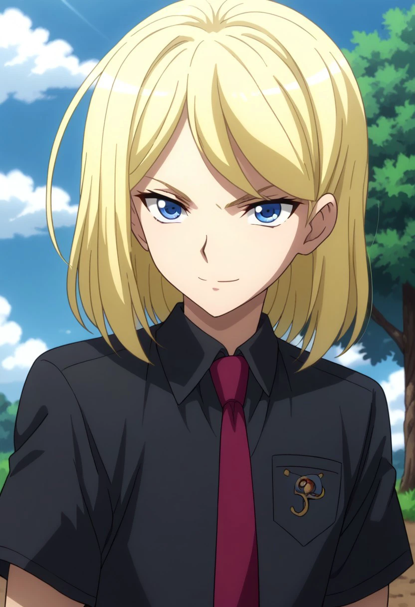 score_9, score_8_up, score_7_up, source_anime, highly detailed, 
shion_xt, 1boy, male focus, solo, blonde hair, medium hair, blue eyes, shirt, black shirt, necktie, red necktie, short sleeves, upper body, smile, determined, looking at viewer,
outdoor, sky, cloud, tree,