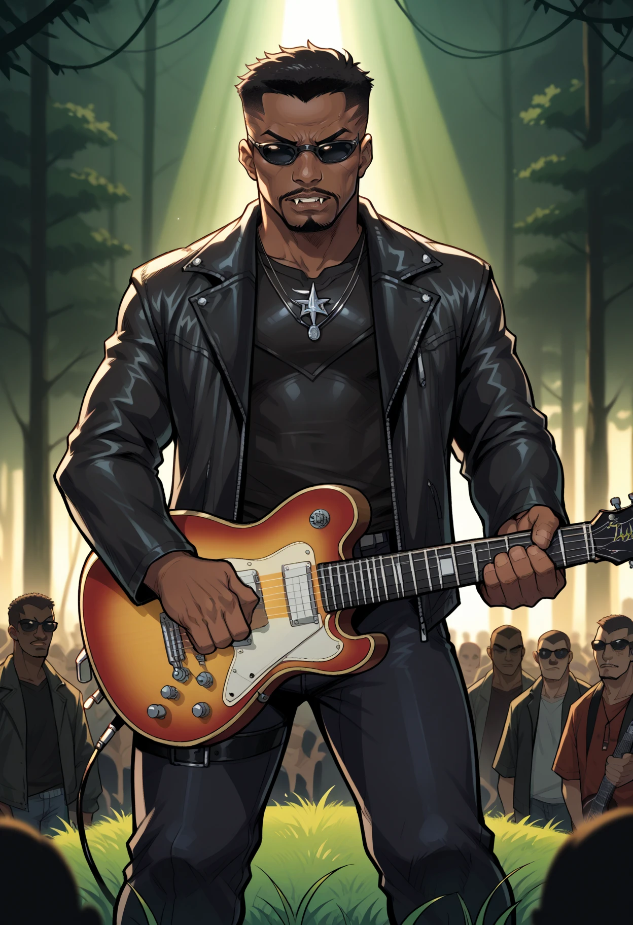 score_9, score_8_up,score_7_up, source_anime, 1boy, solo, bldeb, male focus, manly, dark-skinned male, dark skin, black hair, very short hair, facial hair, mustache, beard, goatee,vampire, 
sunglasses,
electric guitar, stage lights, microphone, leather jacket, crowd,
dark forest, grass, hunted forest ,  rainforest,
<lora:bldweb_pdxl_EliPot:1>