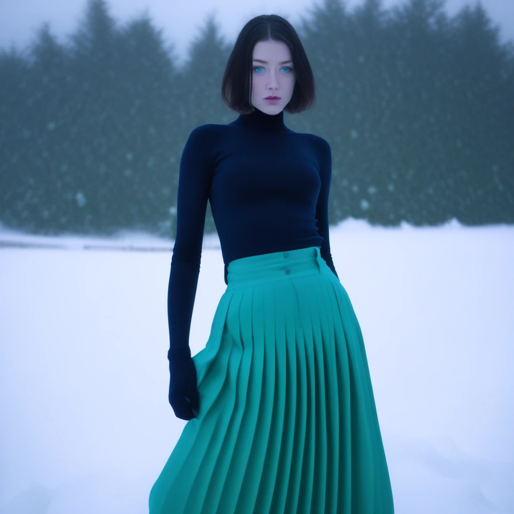 ocean, blue skin, parted lips, pleated skirt, green eyes, monitor, silhouette, snow, pants