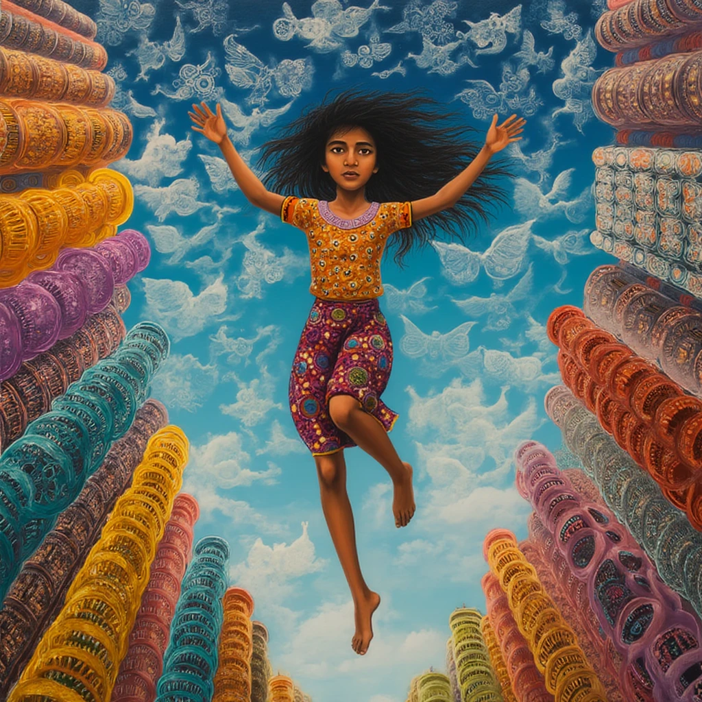 A girl falling from the sky, below her, skyscrappers,  with swirling patterns, indigenous art