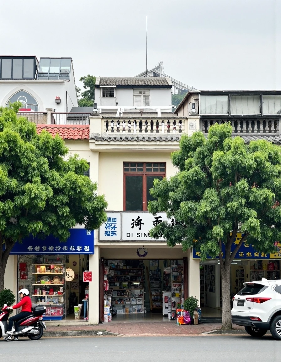 xiancheng, This photograph captures a bustling street scene featuring a row of small shops in a traditional Chinese setting. The main focus is a two-story building with a flat roof, adorned with intricate, ornate eaves and a rooftop terrace with a glass canopy. The façade of the building is cream-colored, with a large, rectangular sign in Chinese characters above the entrance. The lower level houses a variety of shops; the entrance to the first shop on the left is marked with a blue sign featuring a white logo of a bull. The shop windows are filled with an assortment of items, including household goods, kitchenware, and possibly electronics.In front of the shops, a woman wearing a red jacket and black pants rides a motorbike, parked on the street. A white SUV is parked on the right side of the road, and a tree with lush green foliage provides a natural contrast to the urban setting. The street is lined with a mix of modern and traditional architecture, with some buildings featuring traditional Chinese roof tiles. The sky is overcast, adding a soft, diffused light to the scene.,  <lora:xiancheng_F1_V1.0_sampon:1.2>,