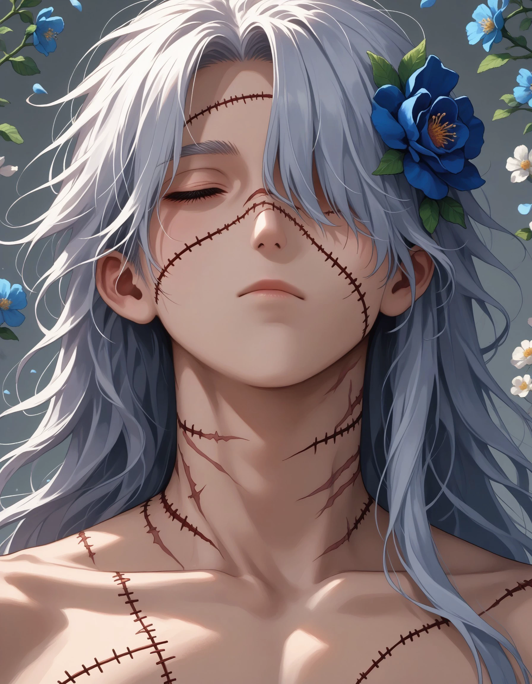 score_9, score_8, score_7, score_6_up, source_anime, grey background, simple background, floral background,
BREAK
hxhkite, 1boy, stitches, solo, stitched face, male focus, flower, long hair, one eye covered, looking at viewer, messy hair, portrait, looking down, from below, blue flower, grey hair, white hair, shaded face, hair flower, topless male, collarbone, jitome, closed mouth, hair ornament, petals, scar, multiple scars, (flower over eye), closed eyes, close-up,
<lora:hxhkite-ravenfoot-v1final:0.8>