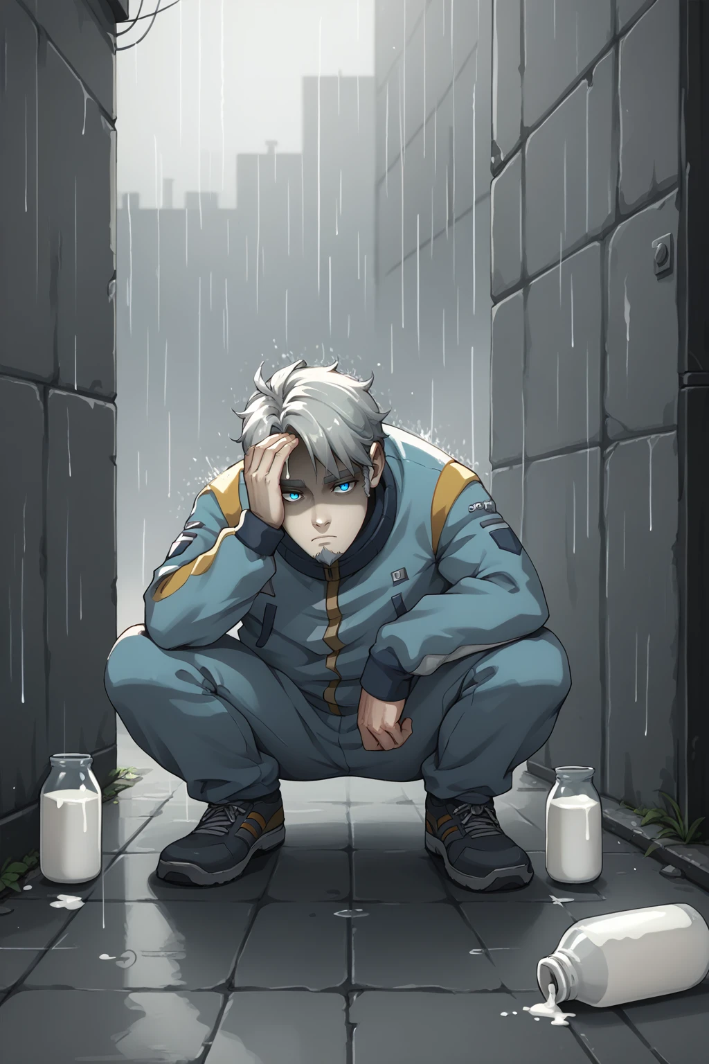 score_9, score_8_up, solo, <lora:NSArloPortia:1> NSArloPortia, blue eyes, goatee,grey hair, tracksuit, squatting, milk bottles, alleyway, shaded face, expressionless face, dim, raining, grayscale