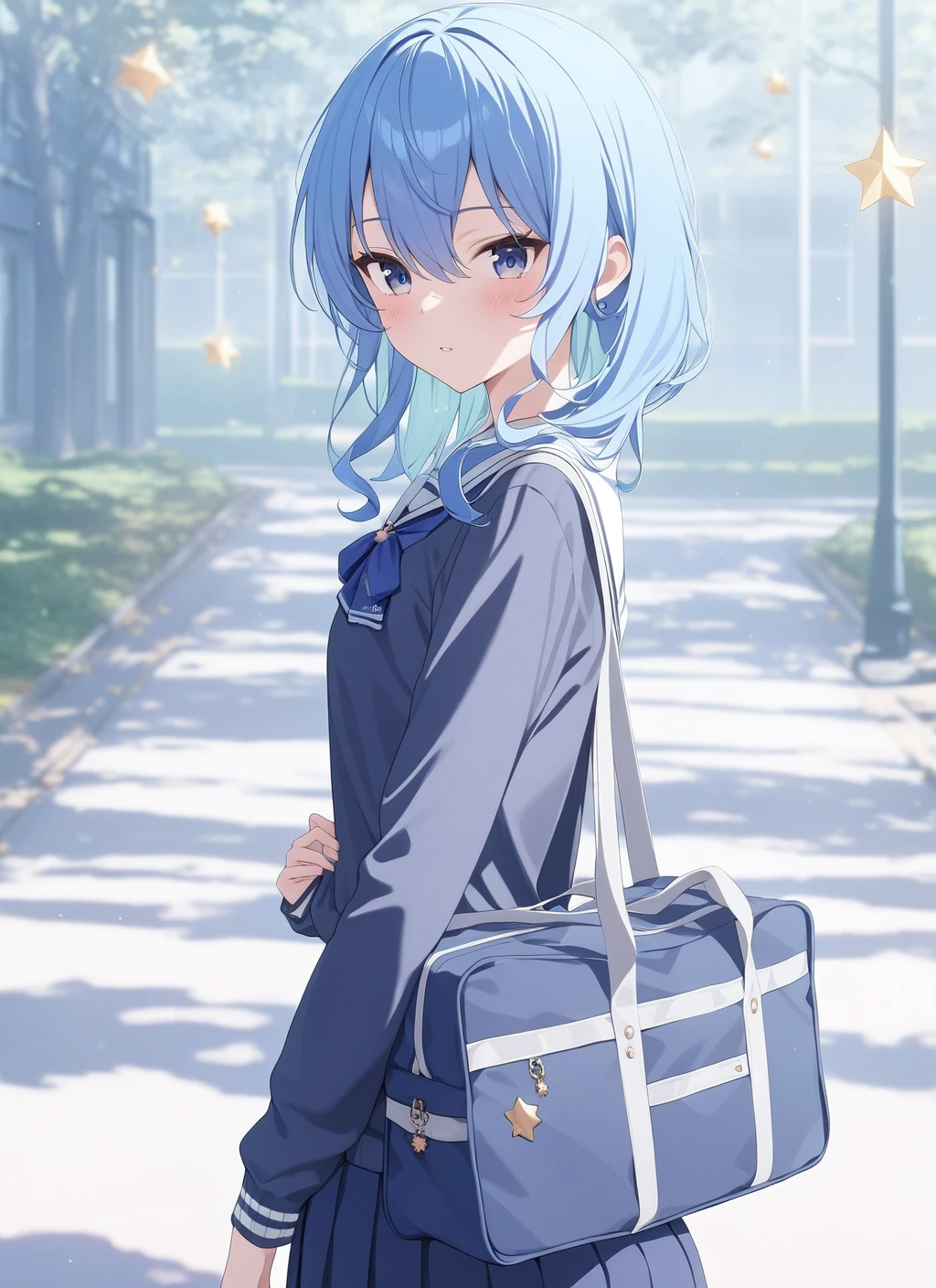 <lora:Hochimachi_fix_bg:1> hoshimachi_suisei,1girl, virtual youtuber, solo, blue hair, blue eyes, looking at viewer, hair between eyes, ( star (symbol):1.2), medium hair, school outfit , school background , detail background , standing ,School bag ,cute, cute , masterpiece, best quality, 1girl, solo, cinematic, soft lighting, shine skin , light skin , 8k